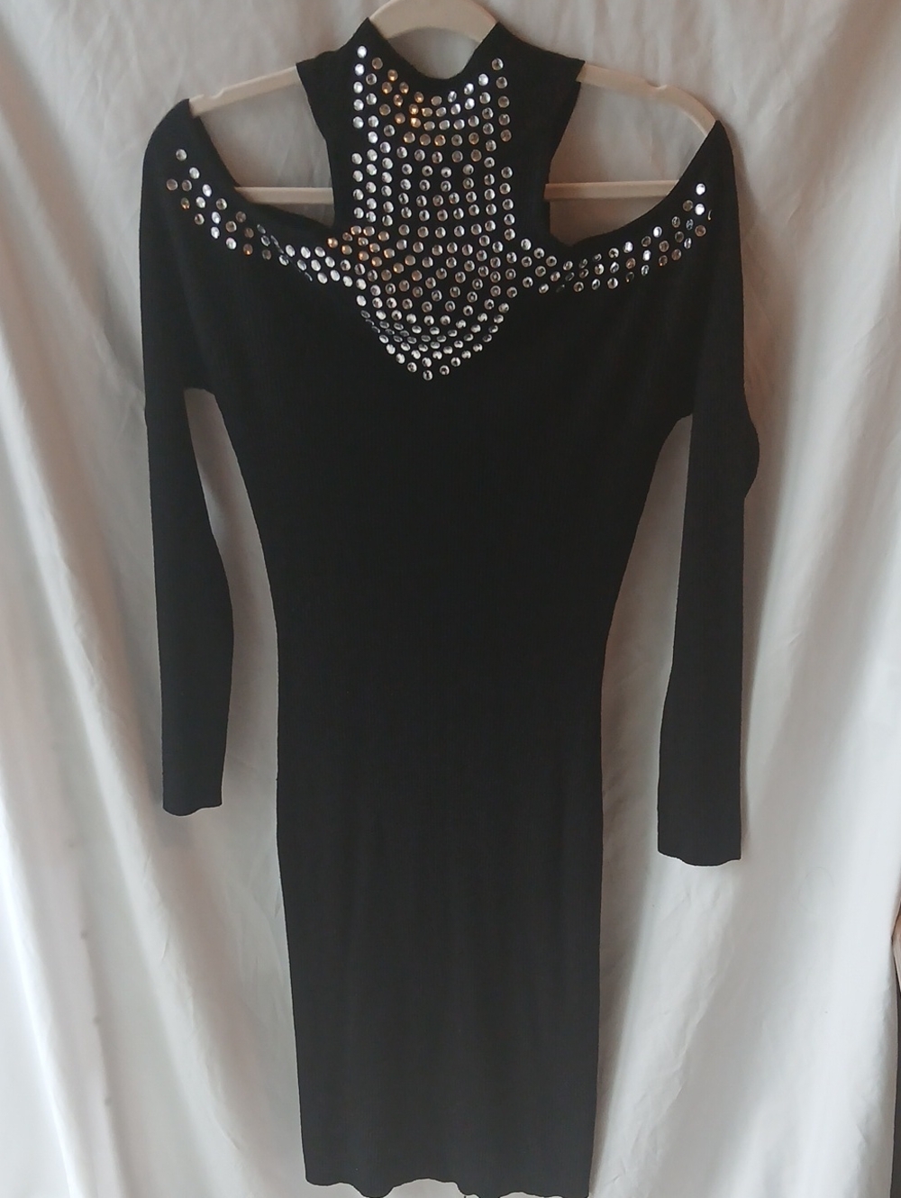 VENUS Black Long-Sleeve Cold-Shoulder Bodycon Dress with Silver Stud Accents